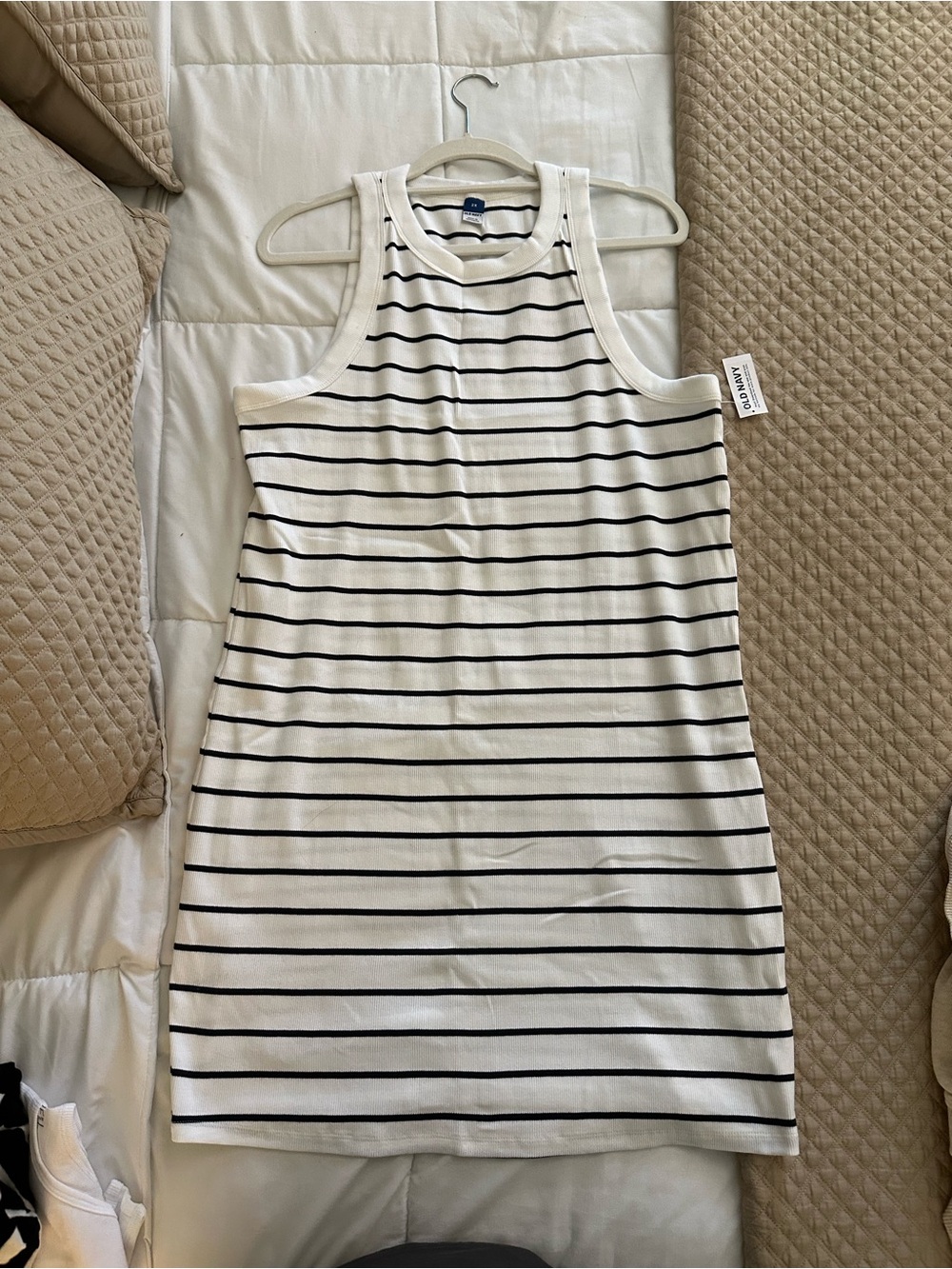Old Navy Classic Navy Blue and White Striped Ribbed High Neck Tank Dress